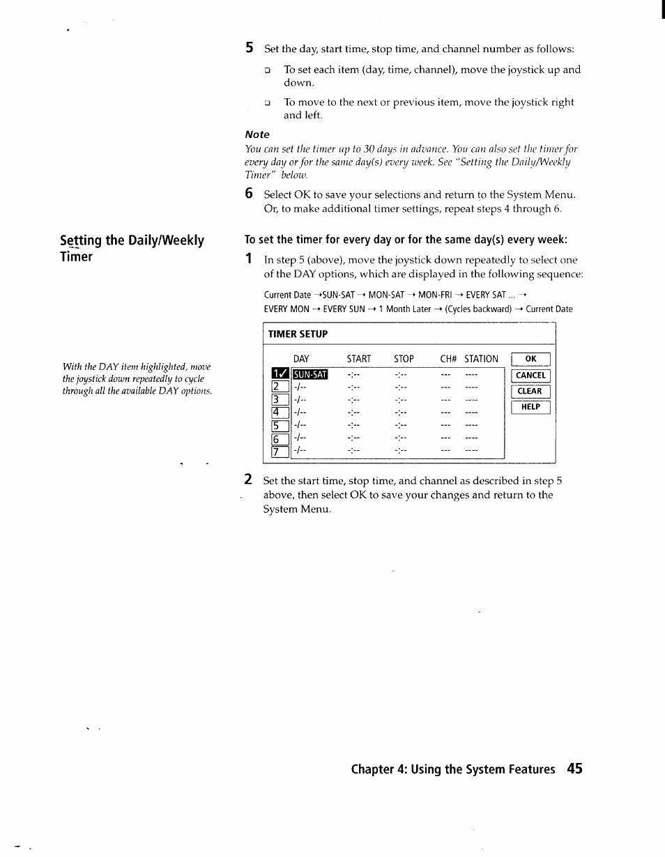 Timer setup, Setting the daily/weekly timer 5, Chapter 4: using the system features 45 | Sony SAT-A1 User Manual | Page 42 / 89