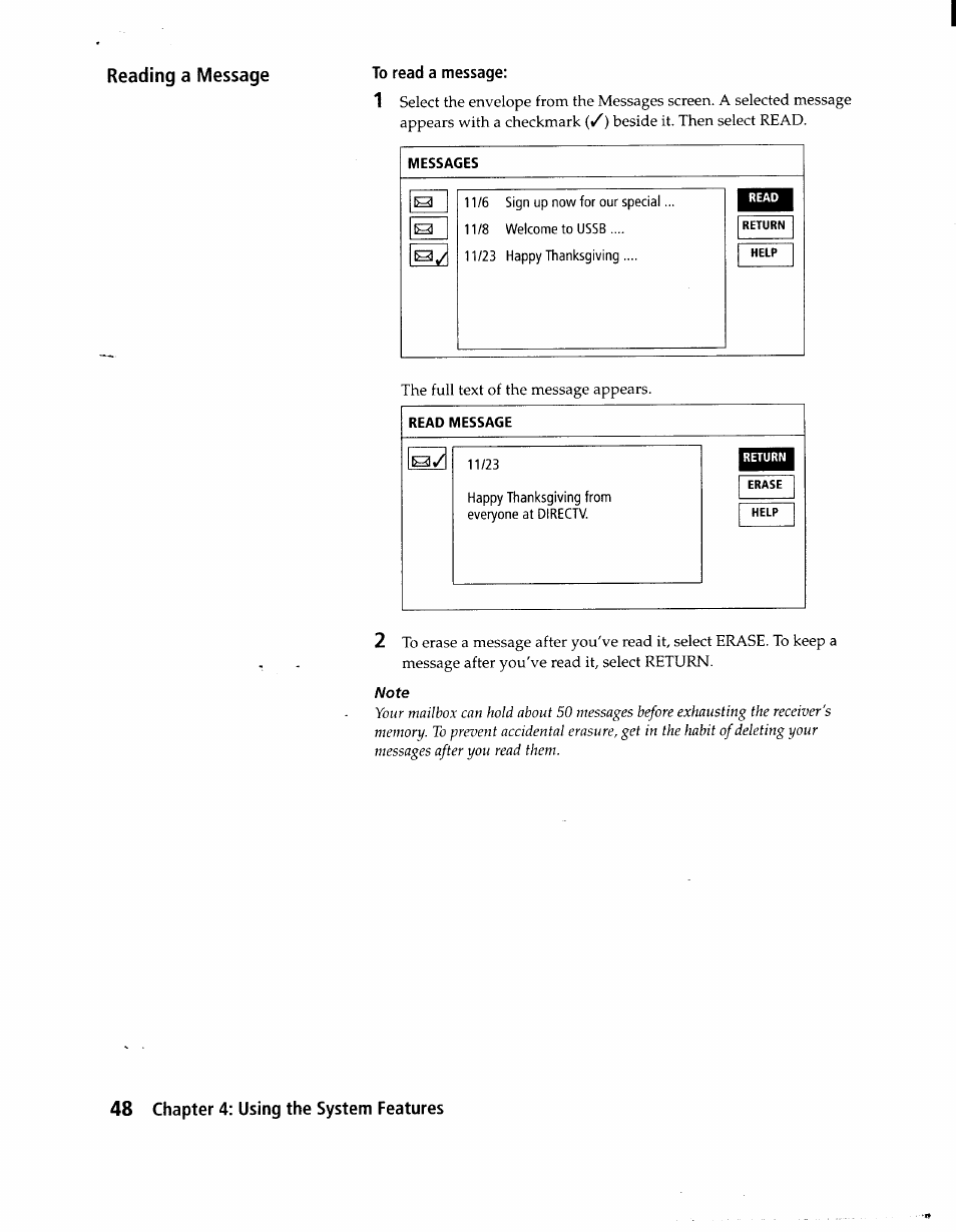 Messages, Read message | Sony SAT-A1 User Manual | Page 45 / 89