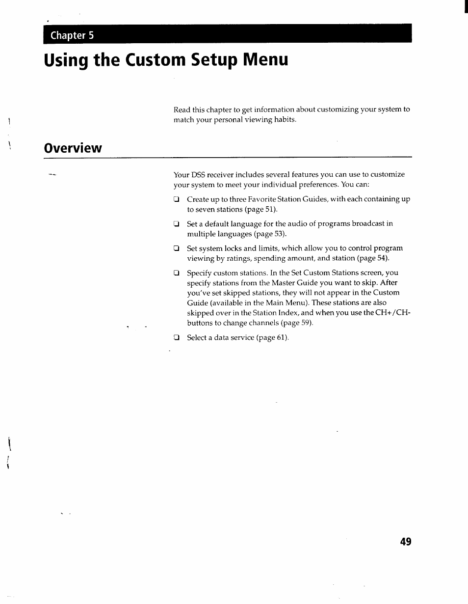 Using the custom setup menu, Overview | Sony SAT-A1 User Manual | Page 46 / 89