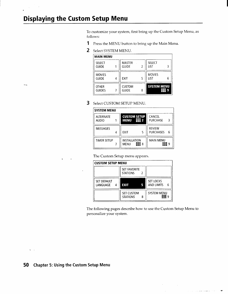 Displaying the custom setup menu | Sony SAT-A1 User Manual | Page 47 / 89