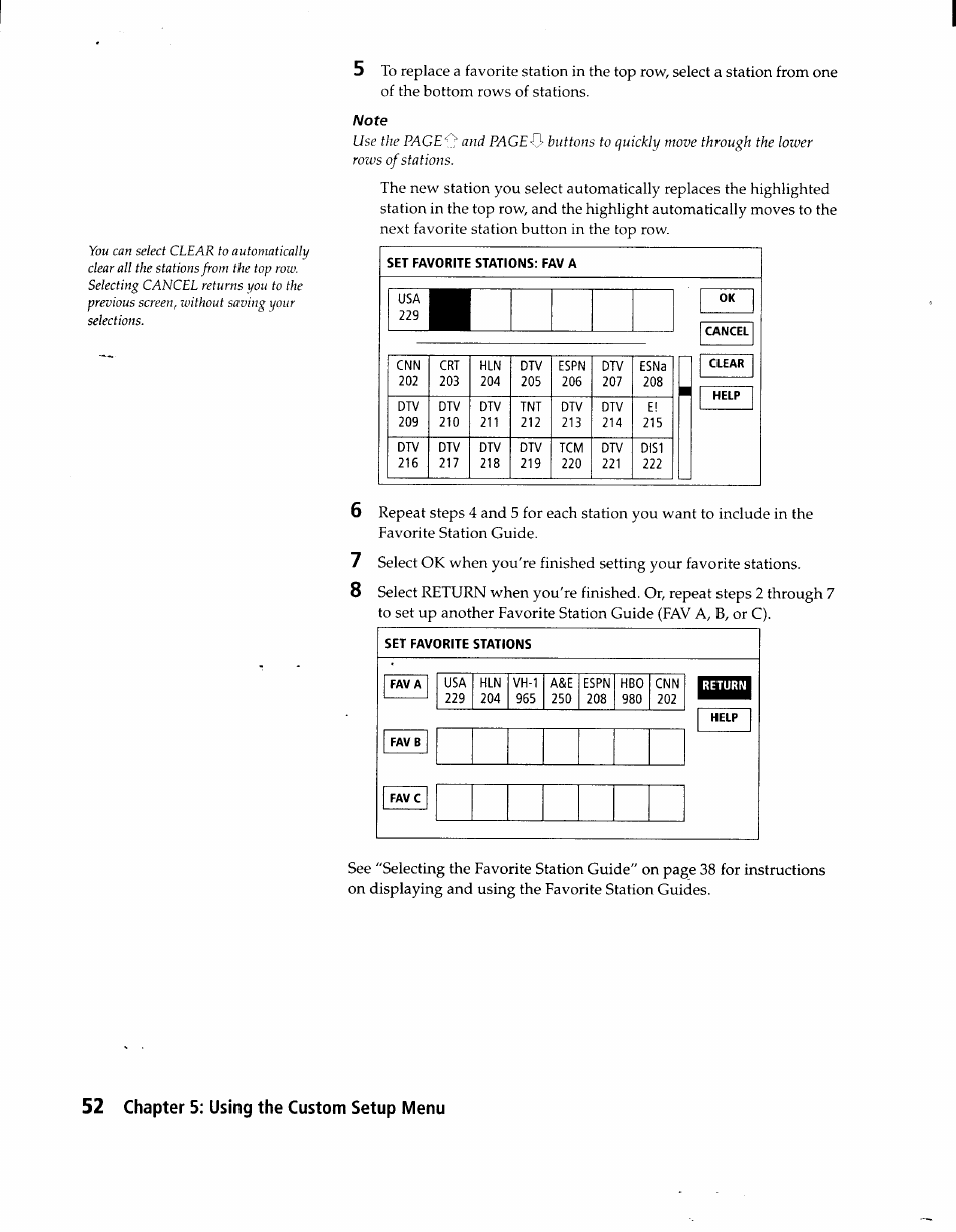 Set favorite stations: fav a, Set favorite stations, 52 chapter 5: using the custom setup menu | Sony SAT-A1 User Manual | Page 49 / 89