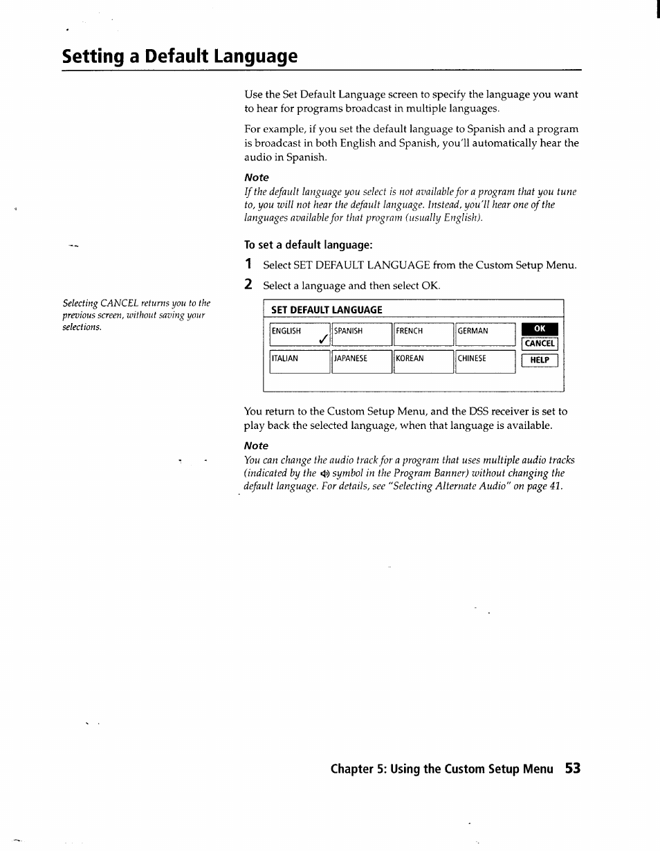 Setting a default language, To set a default language | Sony SAT-A1 User Manual | Page 50 / 89