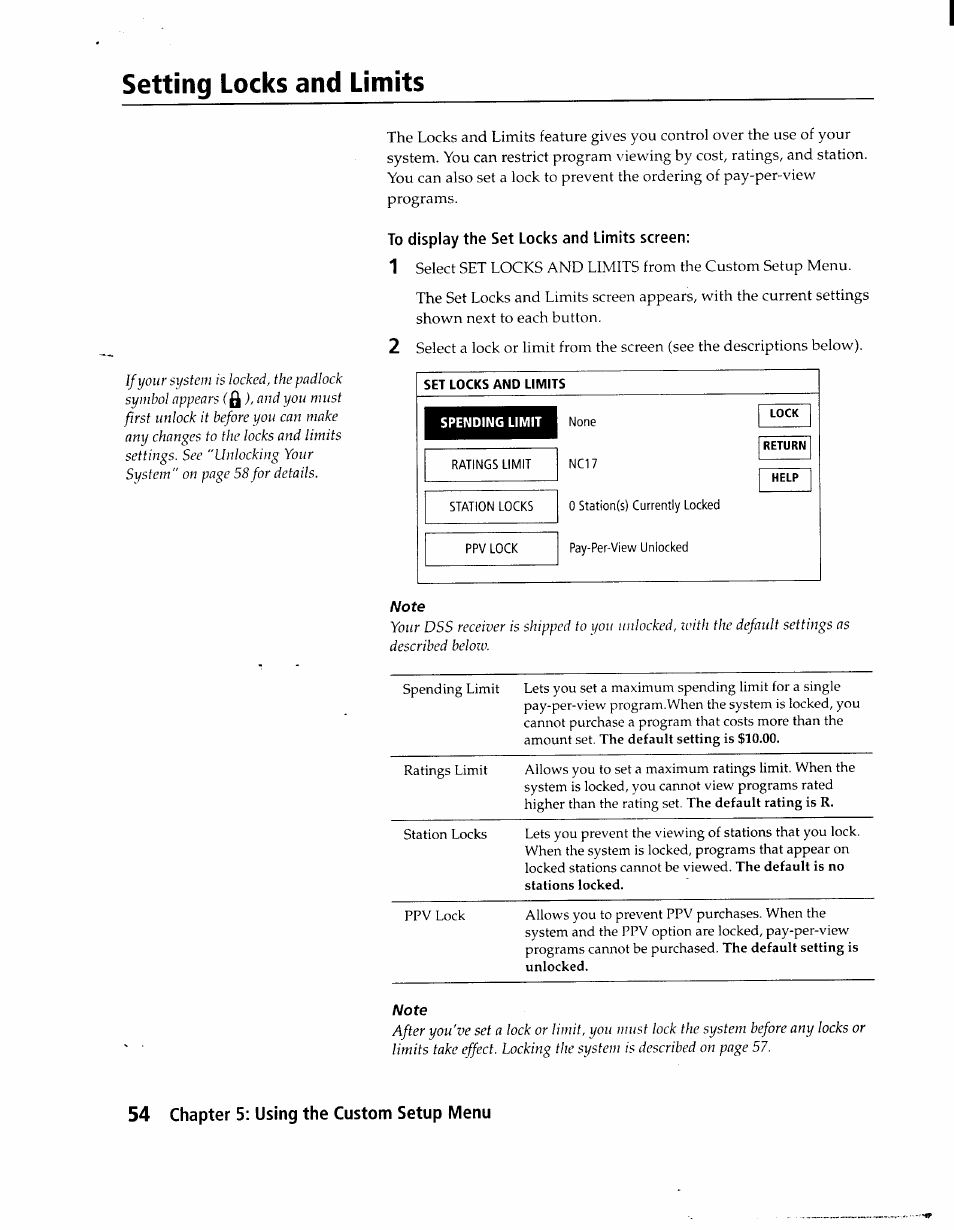 Setting locks and limits, To display the set locks and limits screen, Set locks and limits | Spending limit, 54 chapter 5: using the custom setup menu | Sony SAT-A1 User Manual | Page 51 / 89