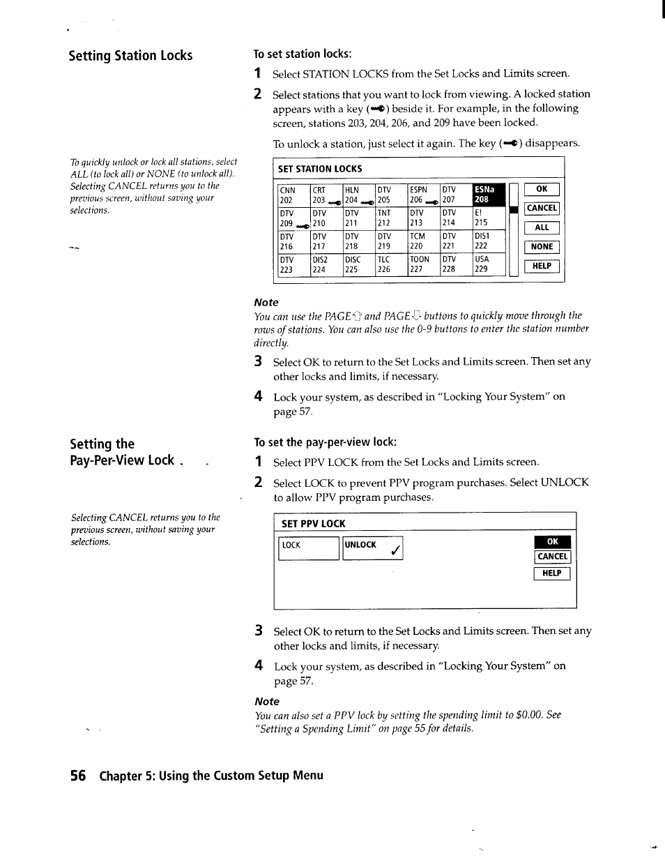 To set station locks, To set the pay-per-view lock, Set ppv lock | 56 chapter 5: using the custom setup menu, Setting station locks, Setting the pay-per-view lock | Sony SAT-A1 User Manual | Page 53 / 89