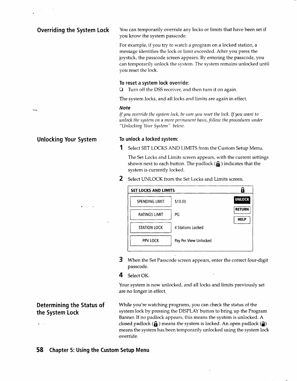 To reset a system lock override, To unlock a locked system, Set locks and limits | Overriding the system lock unlocking your system, Determining the status of the system lock | Sony SAT-A1 User Manual | Page 55 / 89