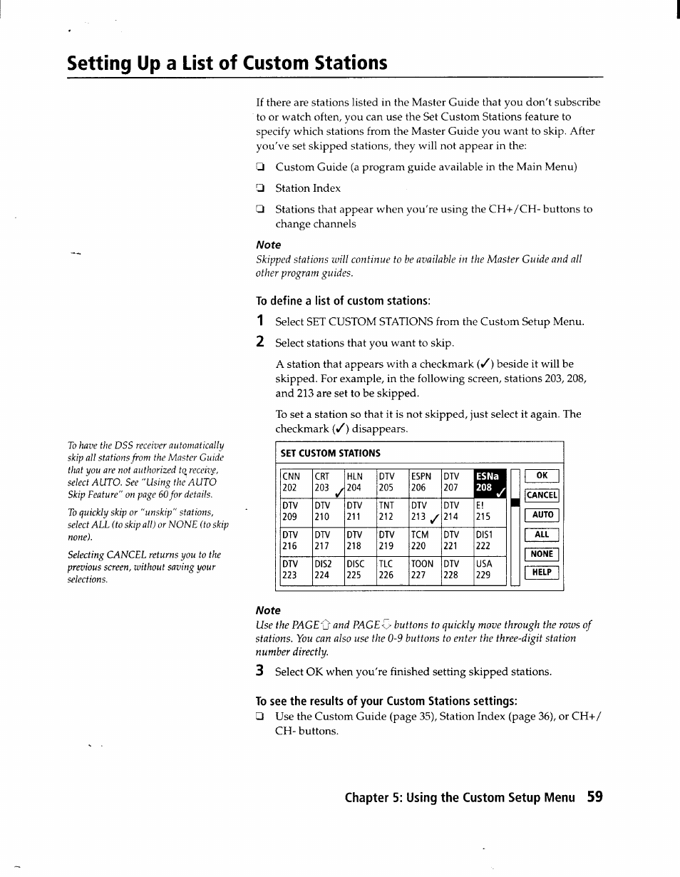 Setting up a list of custom stations, To define a list of custom stations | Sony SAT-A1 User Manual | Page 56 / 89