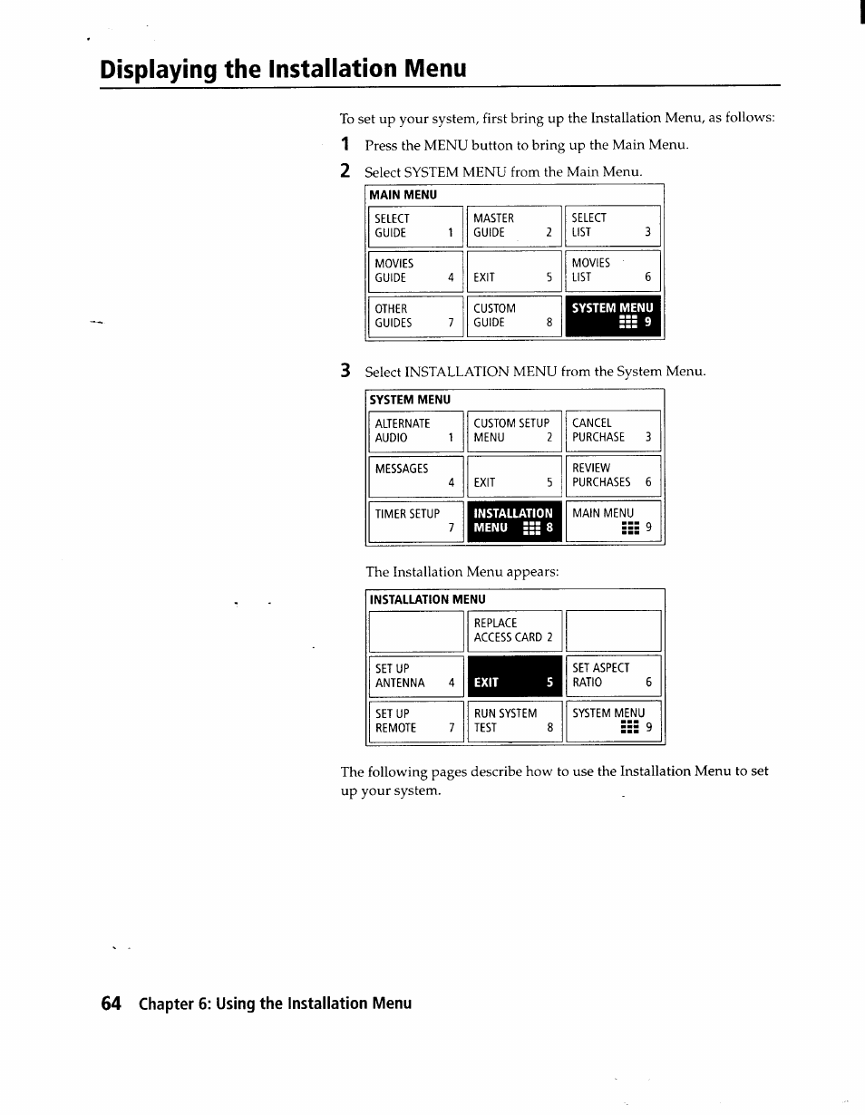 Displaying the installation menu, Ee: 3 | Sony SAT-A1 User Manual | Page 61 / 89