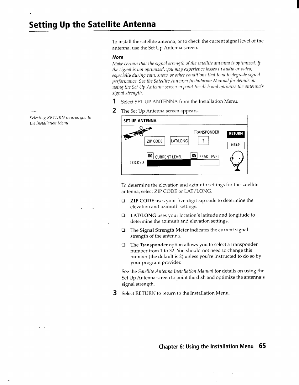 Setting up the satellite antenna | Sony SAT-A1 User Manual | Page 62 / 89