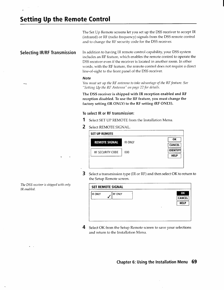 To select ir or rf transmission, Set up remote, Remote signal | Setting up the remote control | Sony SAT-A1 User Manual | Page 66 / 89