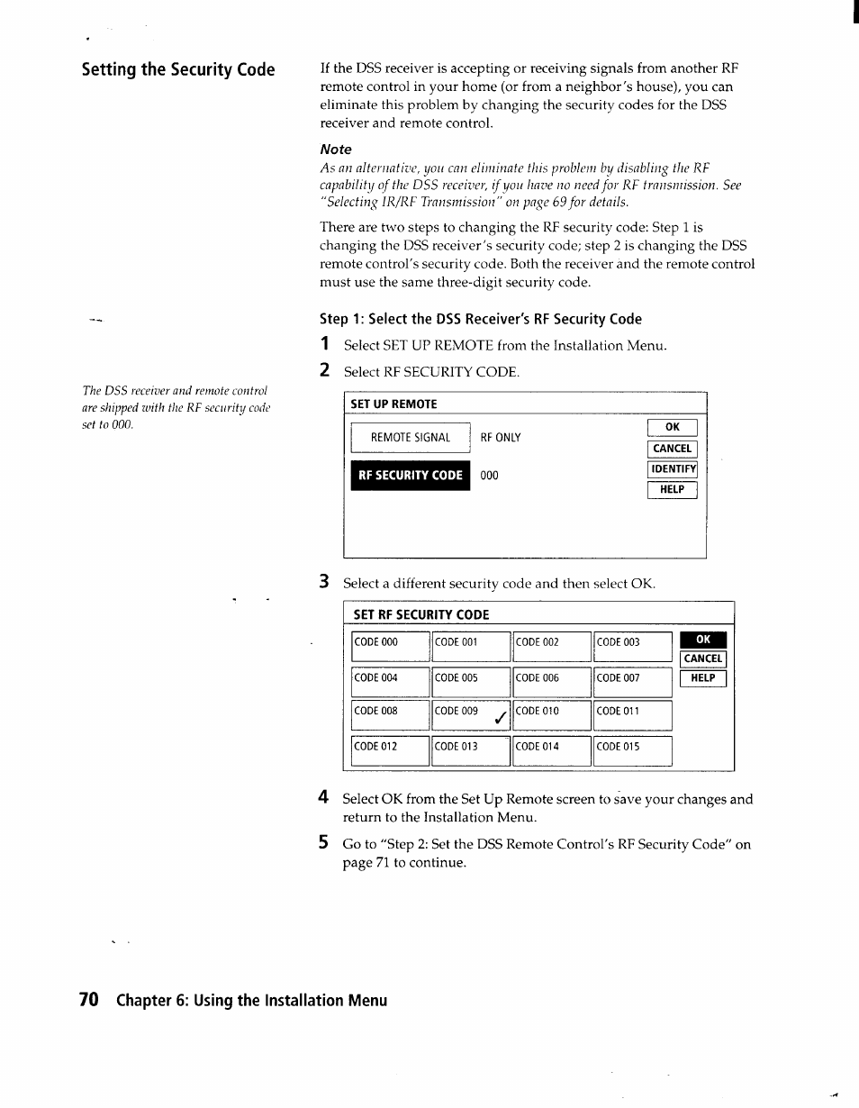 Step 1: select the dss receiver's rf security code, Set up remote, Rf security code | 70 chapter 6: using the installation menu | Sony SAT-A1 User Manual | Page 67 / 89