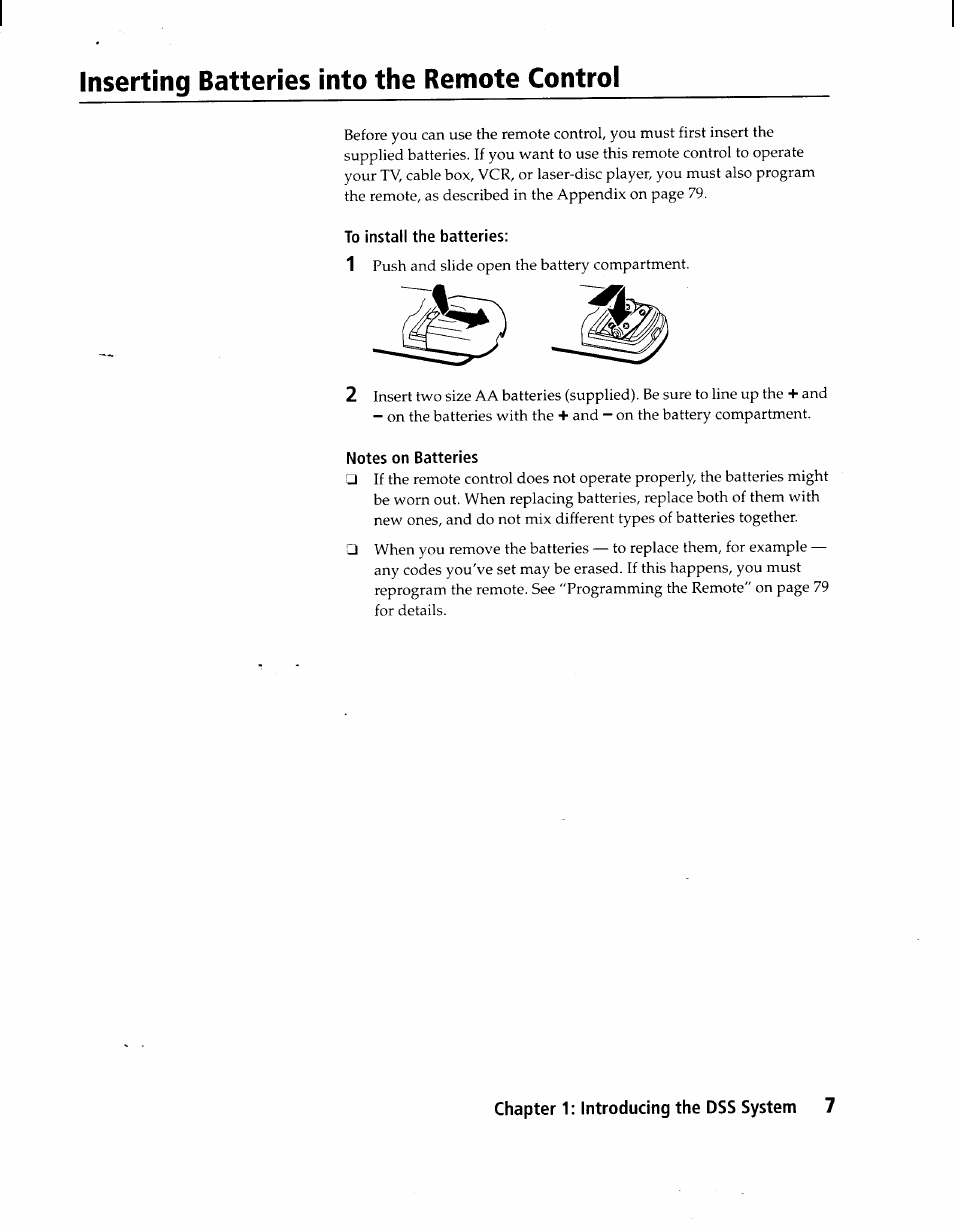 Inserting batteries into the remote control, To install the batteries, Notes on batteries | Sony SAT-A1 User Manual | Page 7 / 89