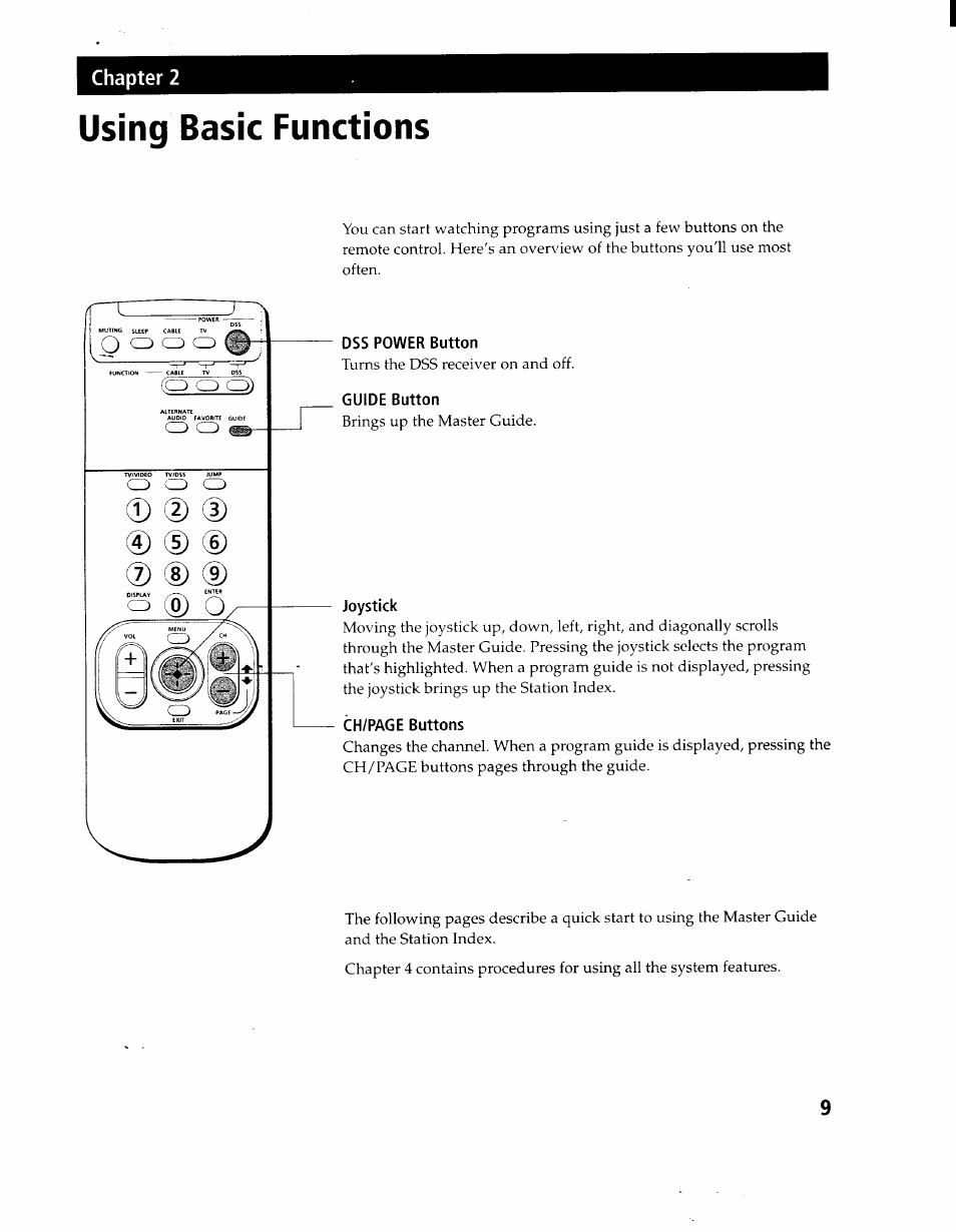 Using basic functions, Dss power button, Guide button | Joystick, Chapter 2 | Sony SAT-A1 User Manual | Page 8 / 89