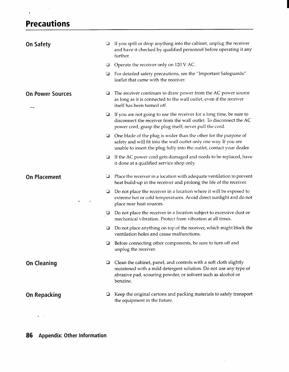 Precautions, On safety, On power sources | On placement, On cleaning, On repacking | Sony SAT-A1 User Manual | Page 83 / 89