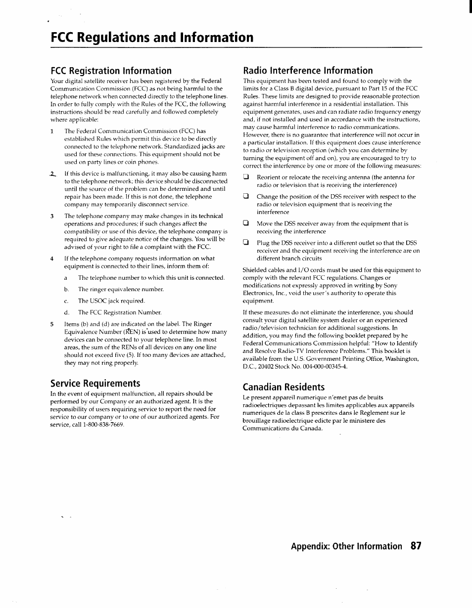 Fcc regulations and information, Fcc registration information, Radio interference information | Service requirements, Canadian residents, Appendix: other information 87 | Sony SAT-A1 User Manual | Page 84 / 89