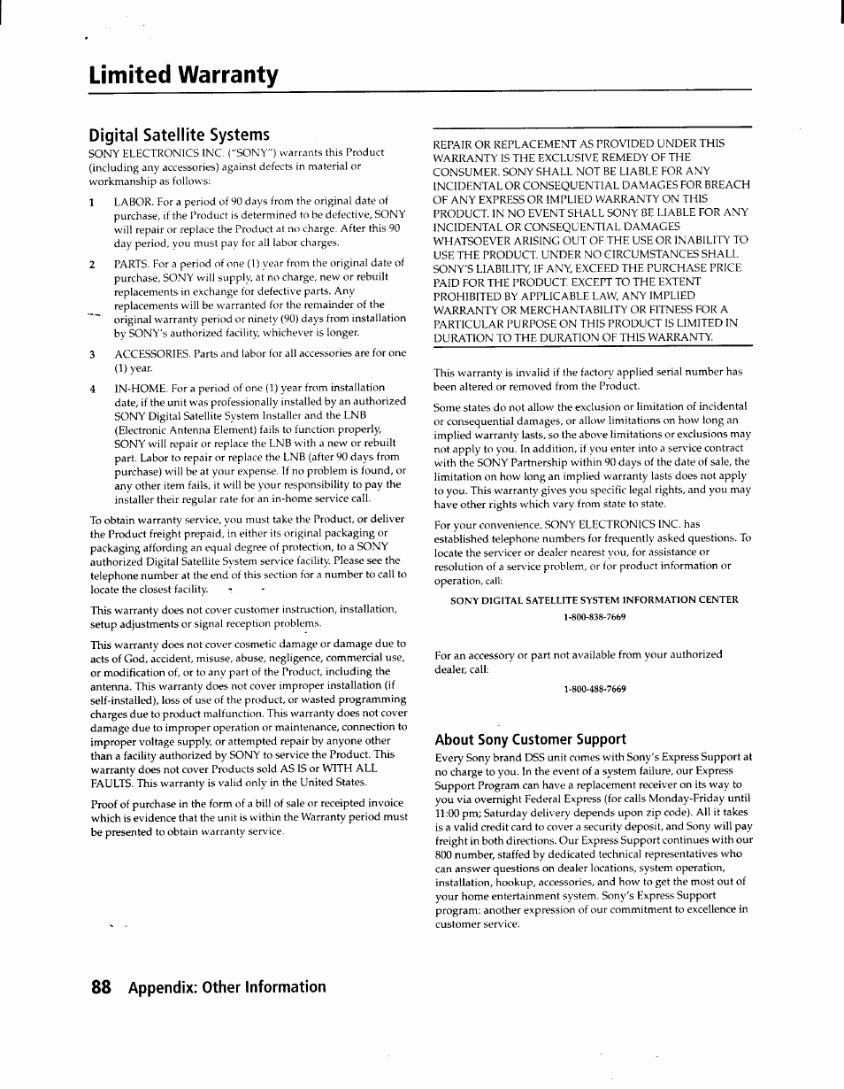 Limited warranty, Digital satellite systems, About sony customer support | 88 appendix: other information | Sony SAT-A1 User Manual | Page 85 / 89