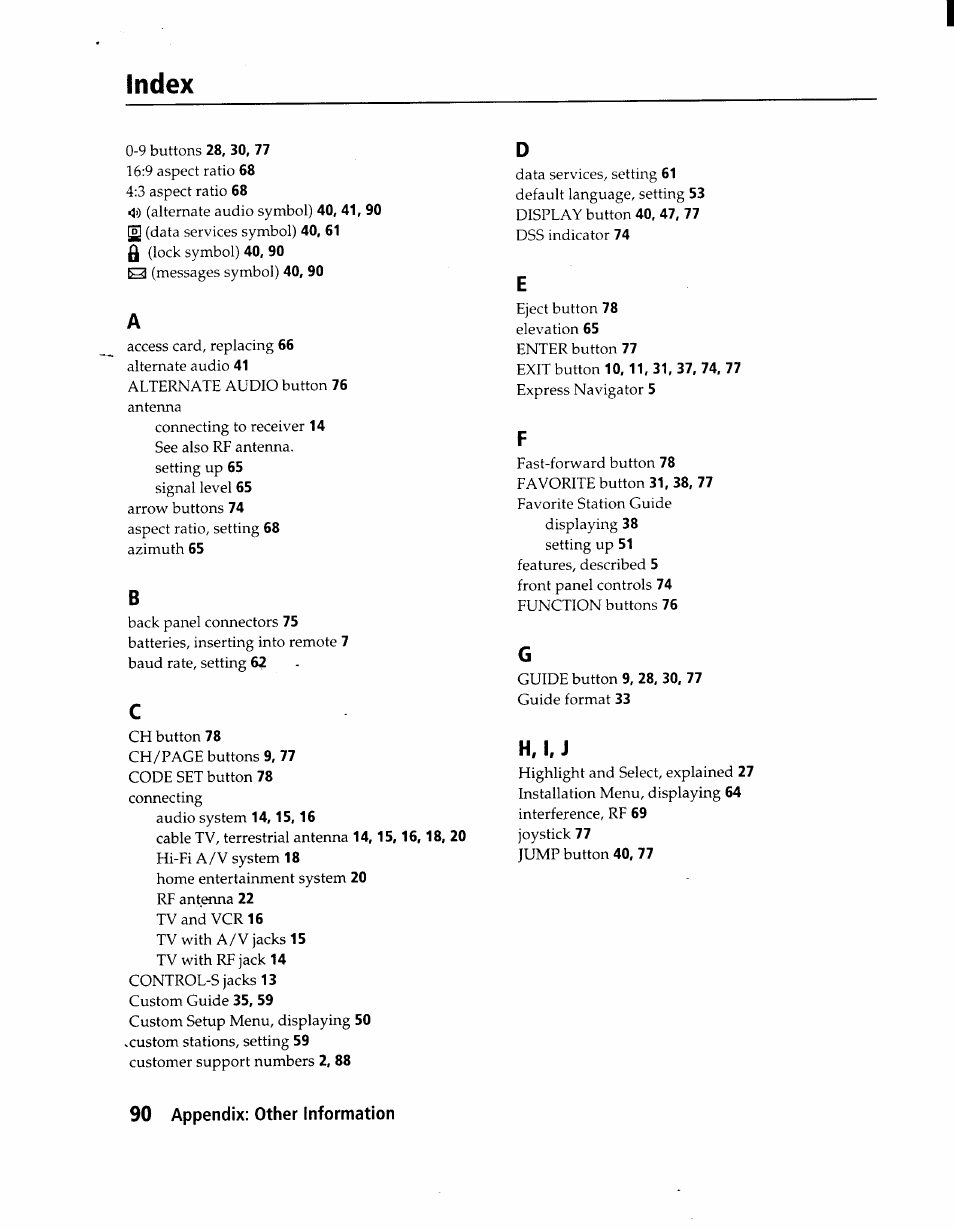 Index, 90 appendix: other information | Sony SAT-A1 User Manual | Page 87 / 89