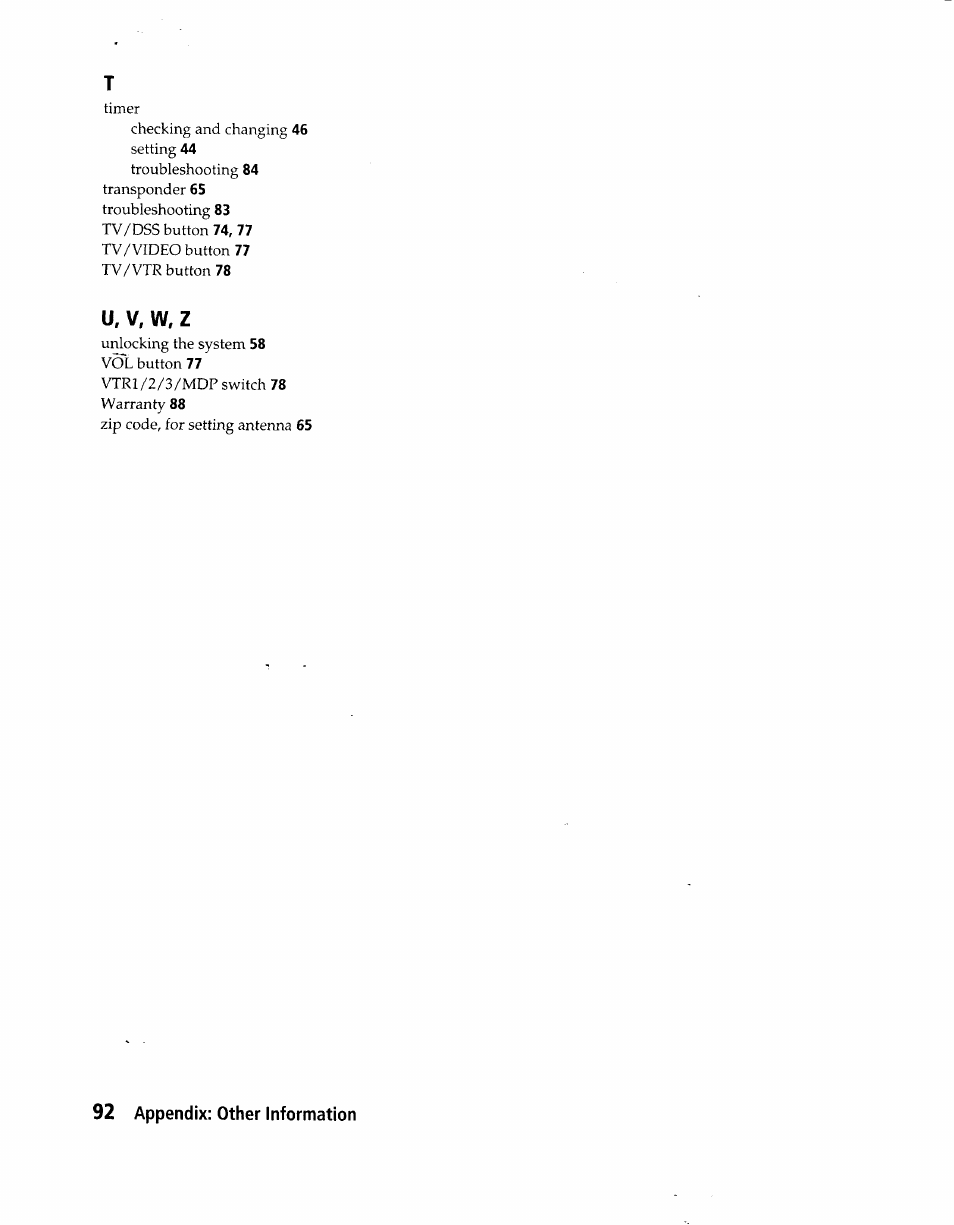 W, z | Sony SAT-A1 User Manual | Page 89 / 89