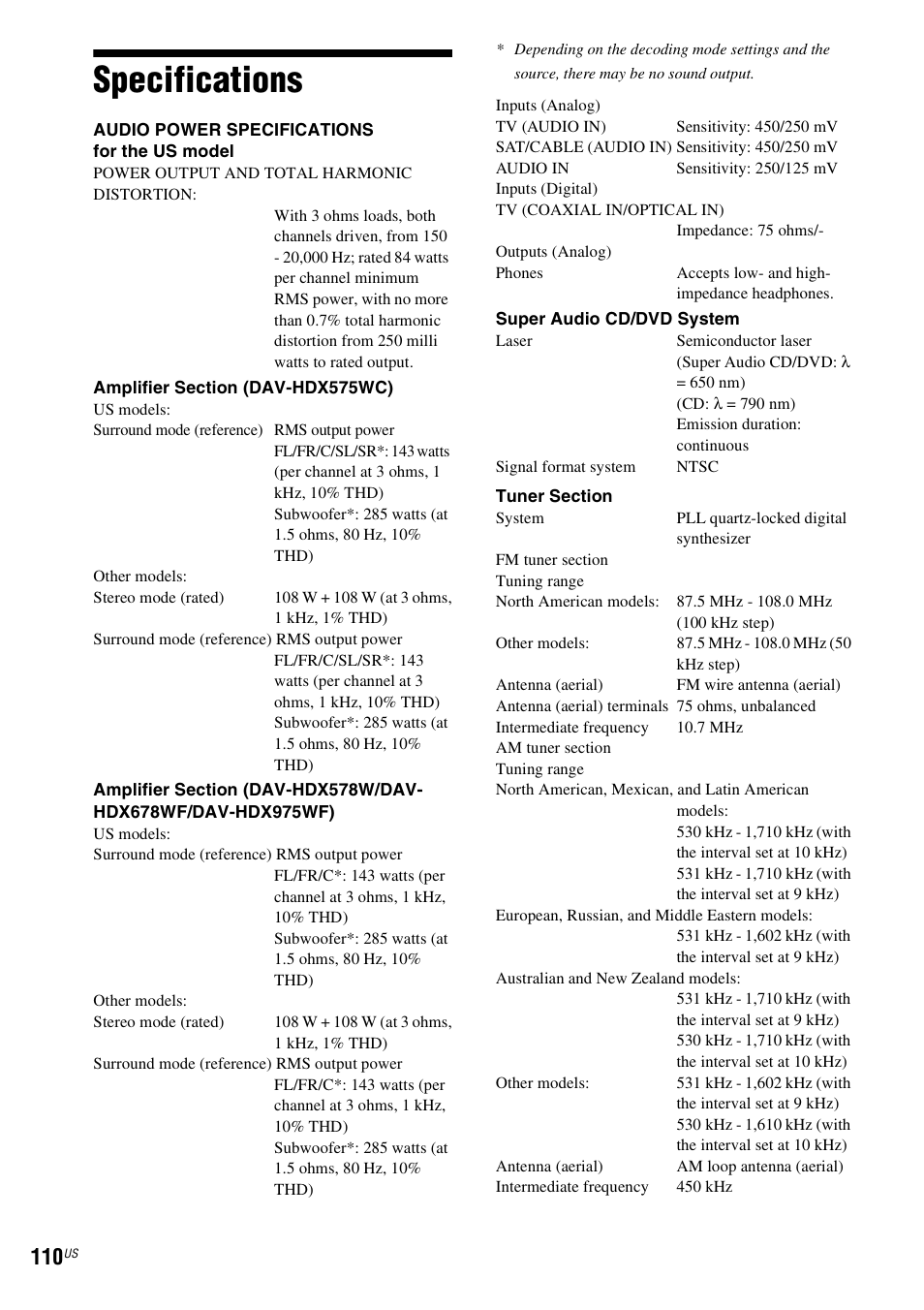 Specifications | Sony HCD-HDX678WF User Manual | Page 110 / 128