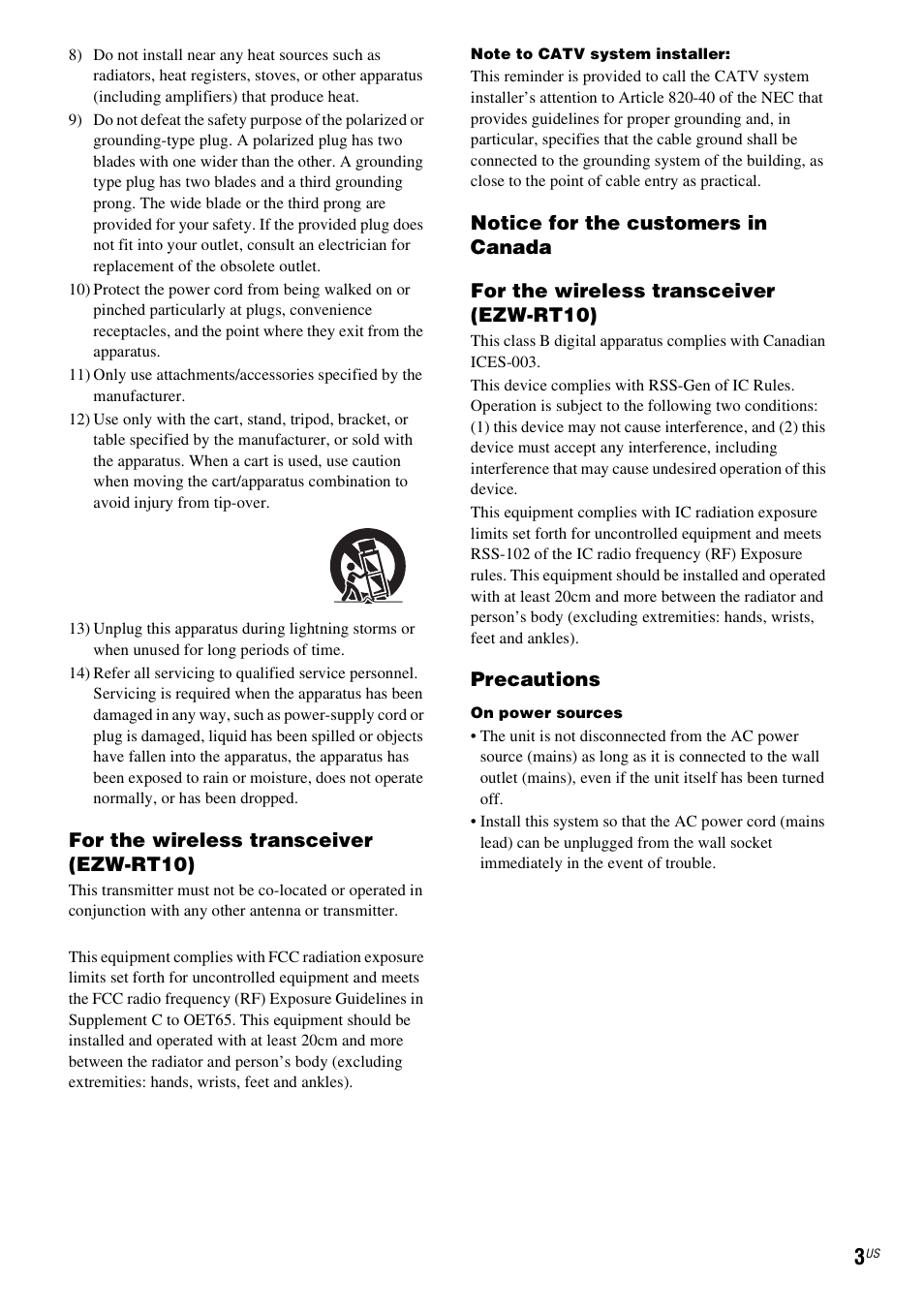For the wireless transceiver (ezw-rt10), Precautions | Sony HCD-HDX678WF User Manual | Page 3 / 128