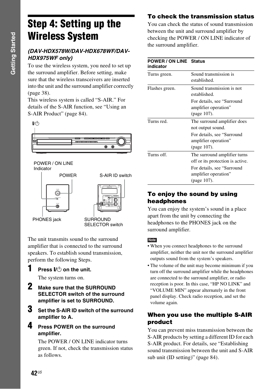 Step 4: setting up the wireless system, Step 4: setting up the wireless, System | Gettin g star ted, When you use the multiple s-air product, The system turns on | Sony HCD-HDX678WF User Manual | Page 42 / 128