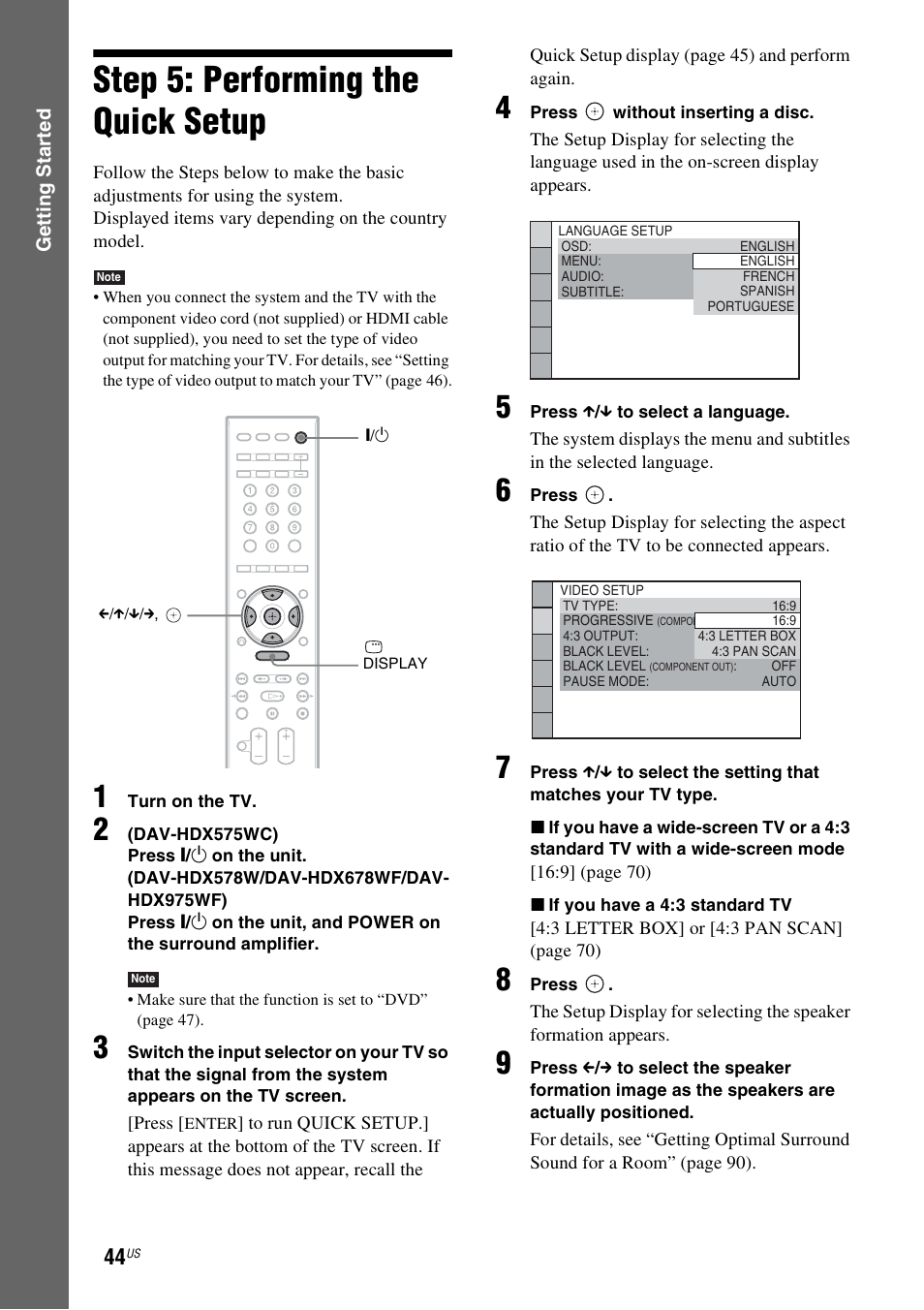 Step 5: performing the quick setup, Step 5: performing the quick, Setup | Sony HCD-HDX678WF User Manual | Page 44 / 128