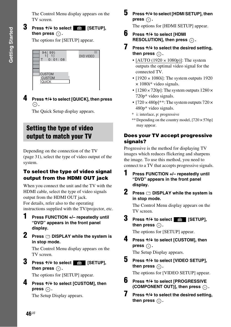 Setting the type of video output to match your tv | Sony HCD-HDX678WF User Manual | Page 46 / 128