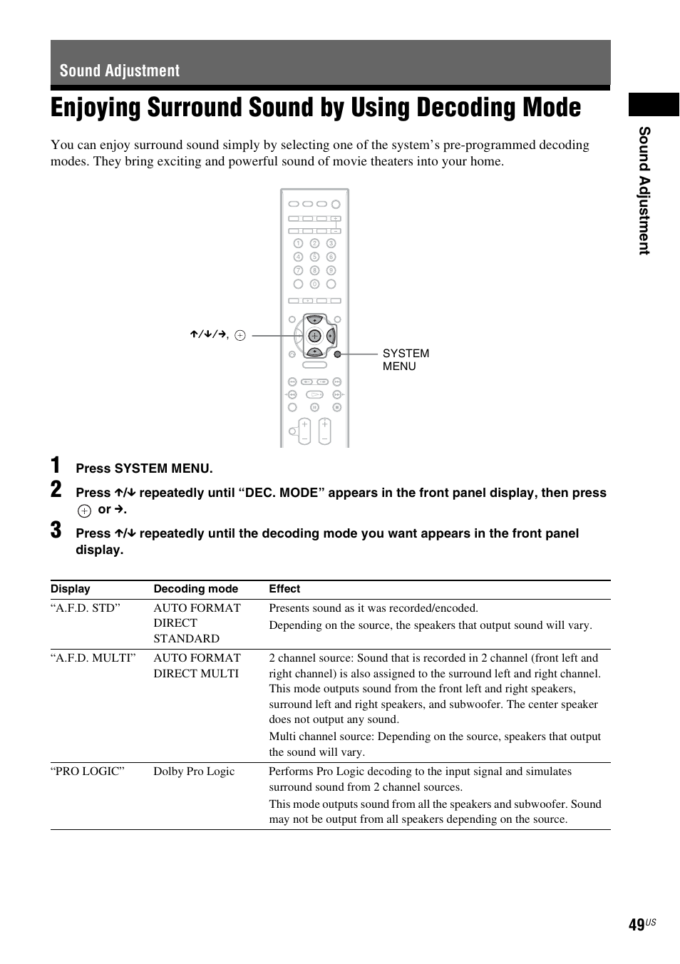 Sound adjustment, Enjoying surround sound by using decoding mode, Enjoying surround sound by using | Decoding mode | Sony HCD-HDX678WF User Manual | Page 49 / 128