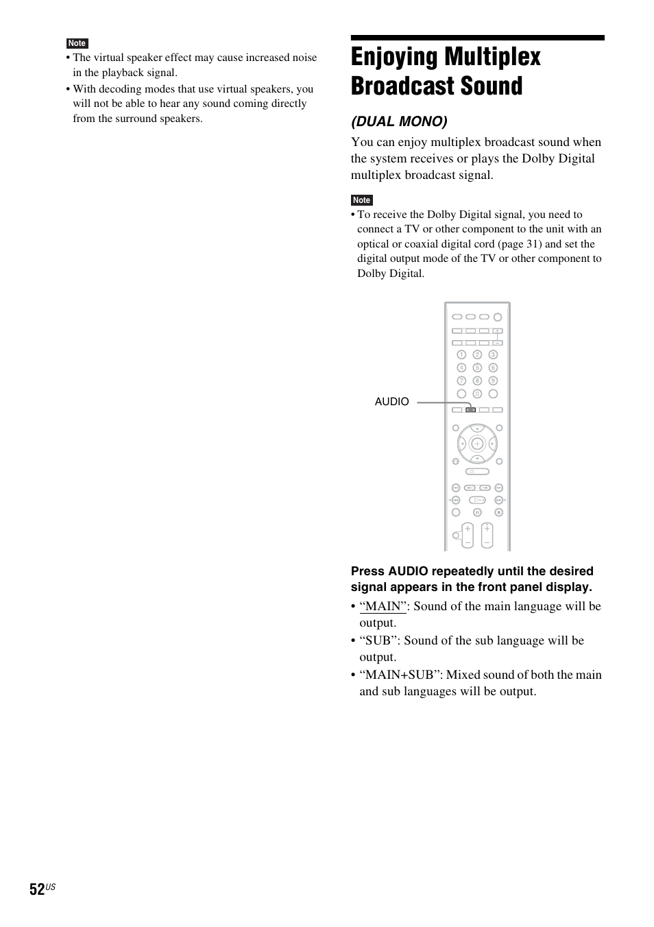 Enjoying multiplex broadcast sound | Sony HCD-HDX678WF User Manual | Page 52 / 128