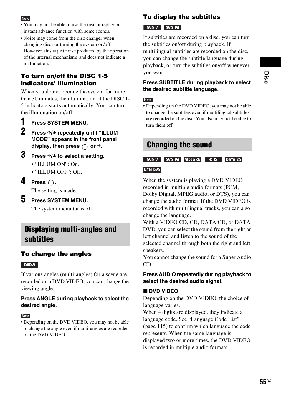 Displaying multi-angles and subtitles, Changing the sound | Sony HCD-HDX678WF User Manual | Page 55 / 128