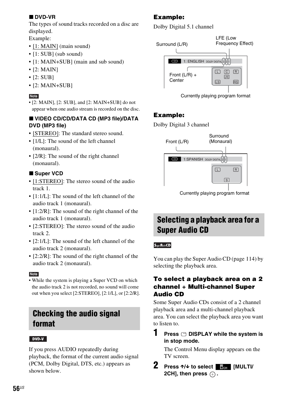 Checking the audio signal format, Selecting a playback area for a super audio cd | Sony HCD-HDX678WF User Manual | Page 56 / 128