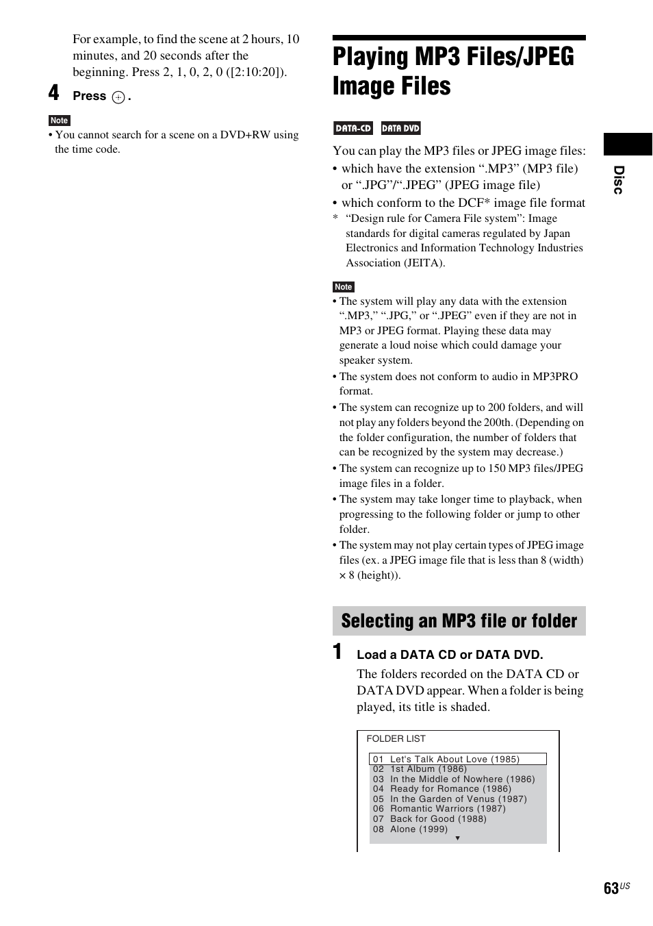 Playing mp3 files/jpeg image files, Selecting an mp3 file or folder | Sony HCD-HDX678WF User Manual | Page 63 / 128