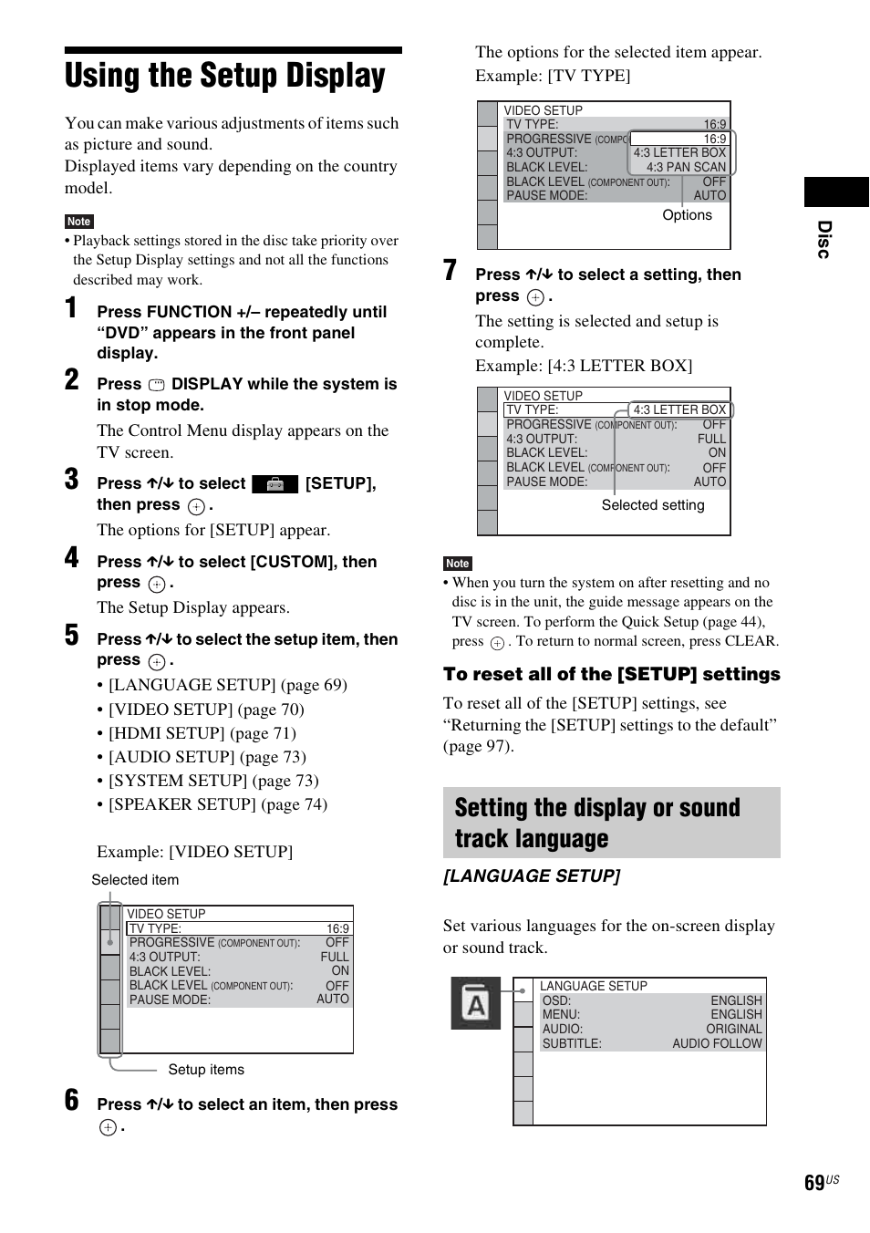 Using the setup display, Setting the display or sound track language, Using | Dis c | Sony HCD-HDX678WF User Manual | Page 69 / 128