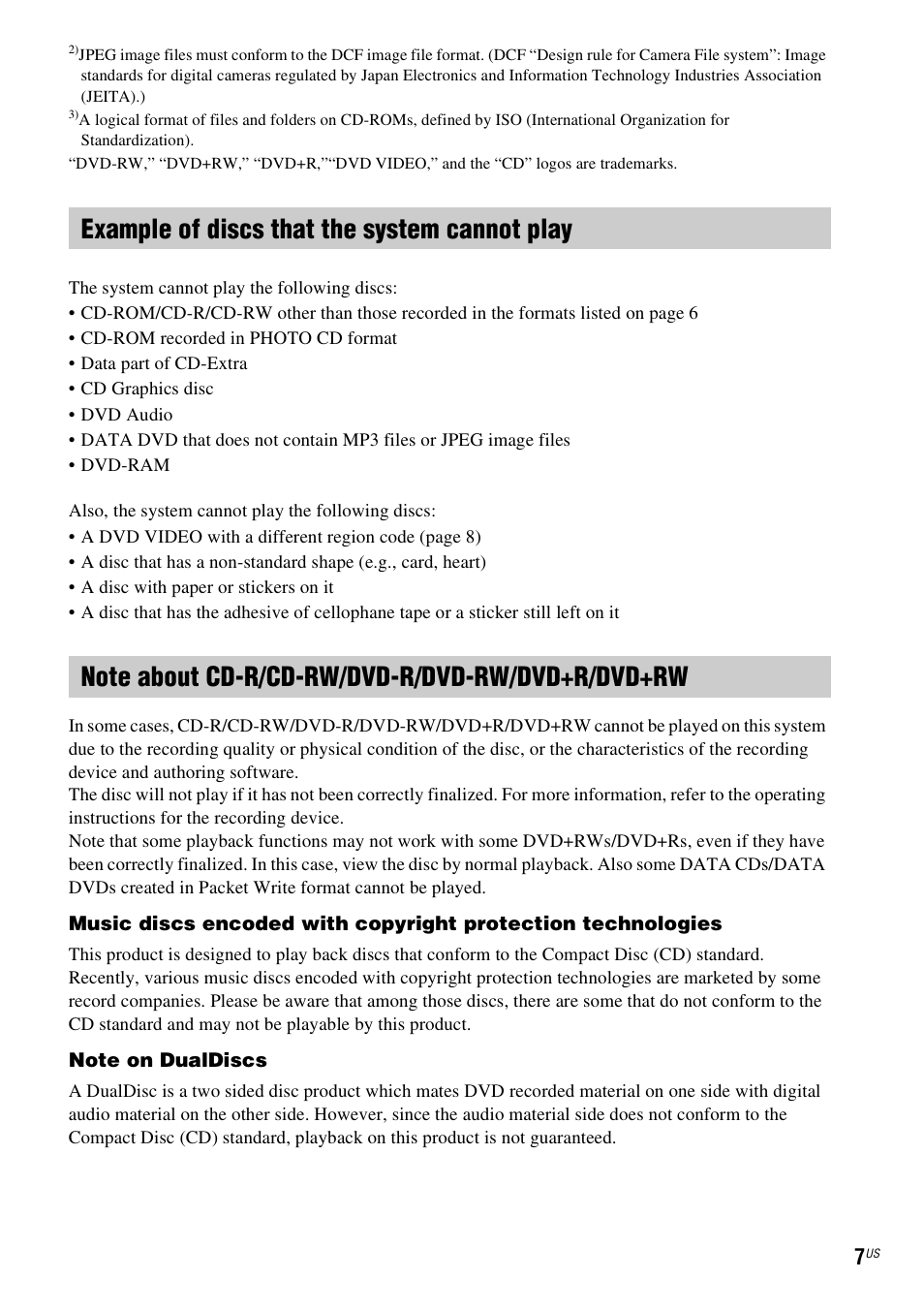 Example of discs that the system cannot play, Note about cd-r/cd-rw/dvd-r/dvd-rw/dvd+r/dvd+rw | Sony HCD-HDX678WF User Manual | Page 7 / 128