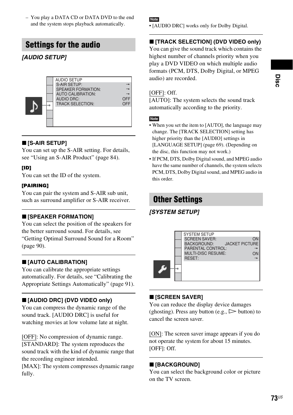 Settings for the audio, Other settings | Sony HCD-HDX678WF User Manual | Page 73 / 128