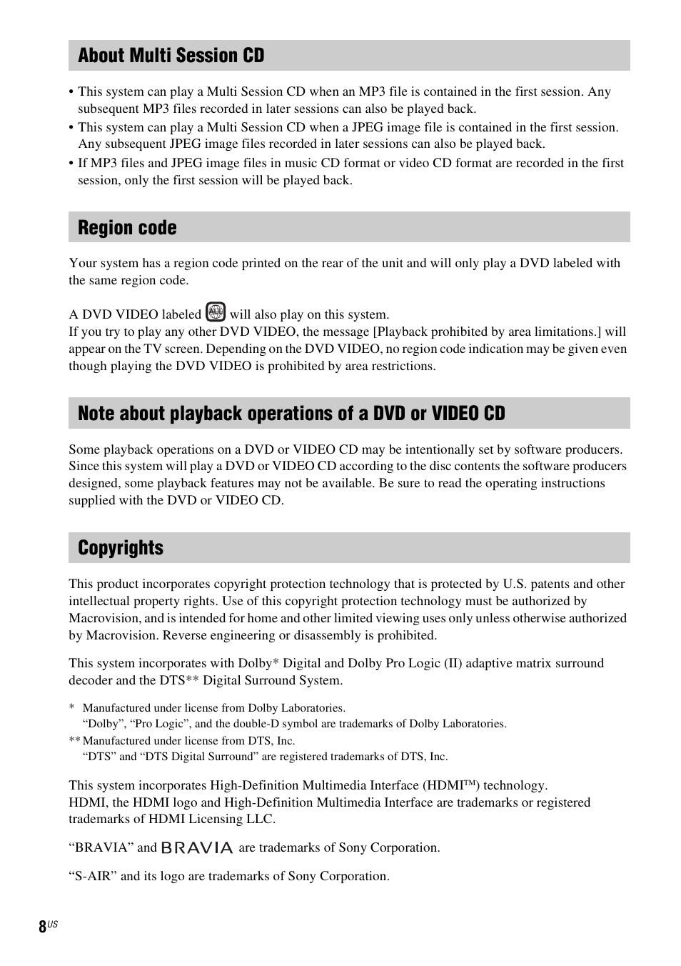 About multi session cd, Region code, Copyrights | Sony HCD-HDX678WF User Manual | Page 8 / 128