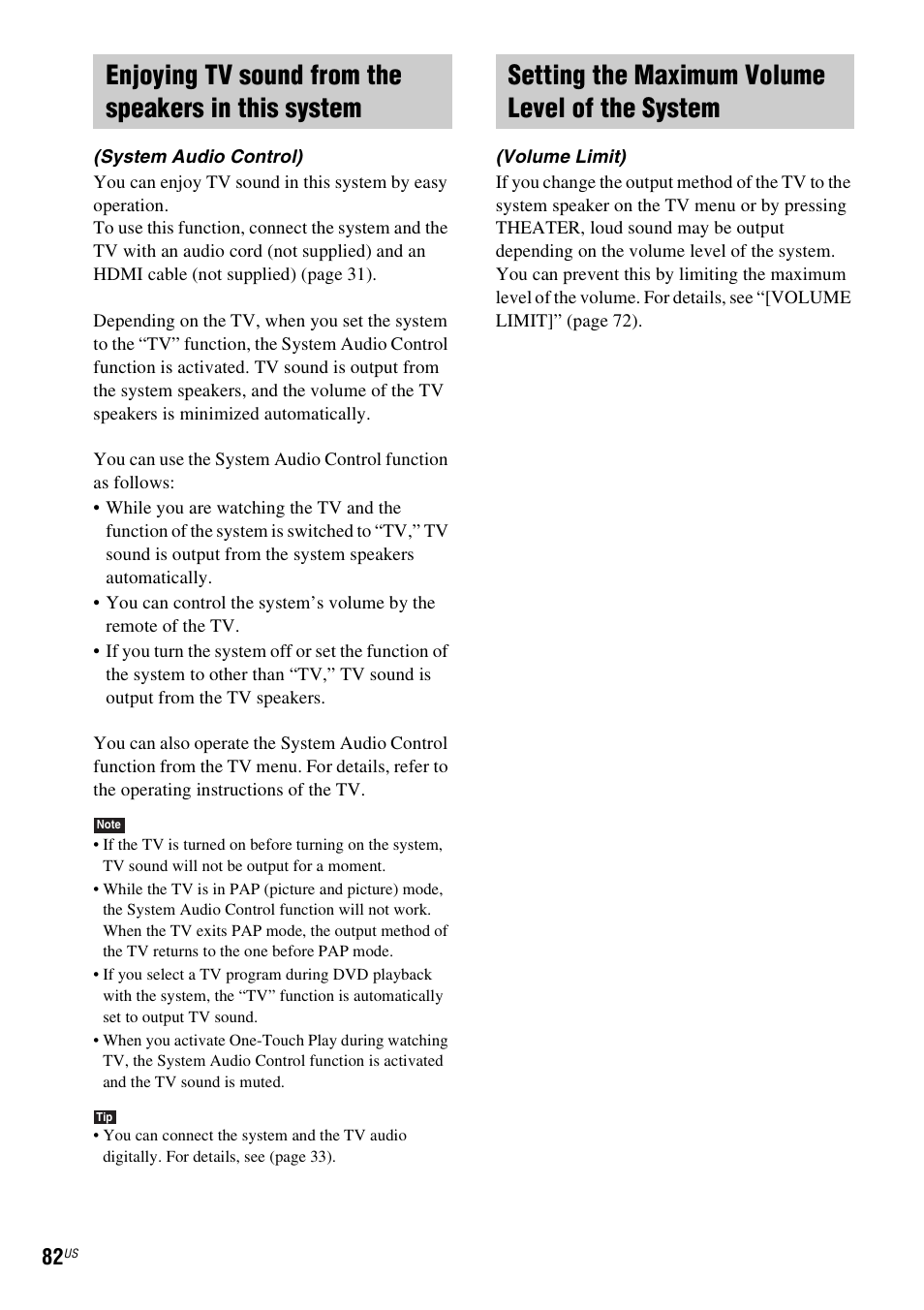 Enjoying tv sound from the speakers in this system, Setting the maximum volume level of the system | Sony HCD-HDX678WF User Manual | Page 82 / 128