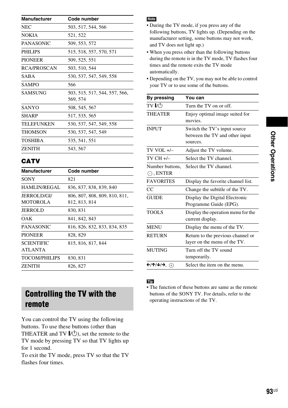 Controlling the tv with the remote, Catv | Sony HCD-HDX678WF User Manual | Page 93 / 128