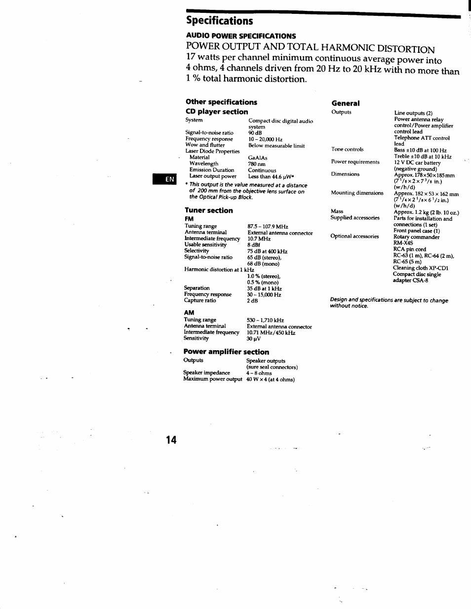 Specifications, Audio power specifications, Other specifications cd player section | General, Tuner section | Sony CDX-4180 User Manual | Page 14 / 16