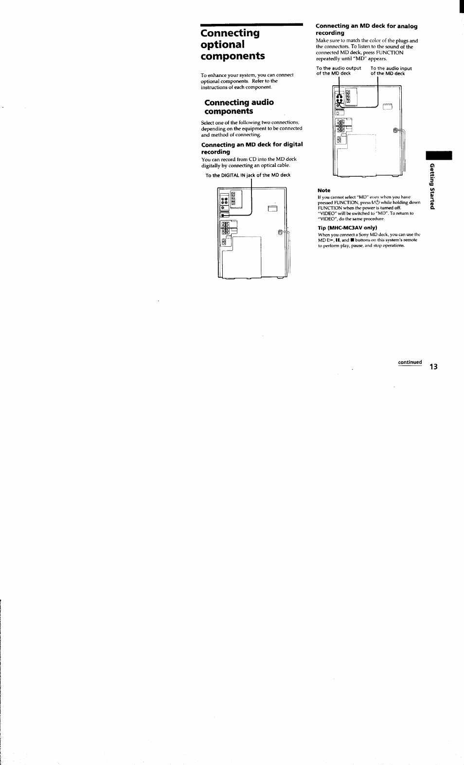Connecting, Optional, Components | Connecting an md deck for analog recording, Connecting an md deck for digital recording, Continued, Connecting optional components | Sony MHC-MC1 User Manual | Page 13 / 56