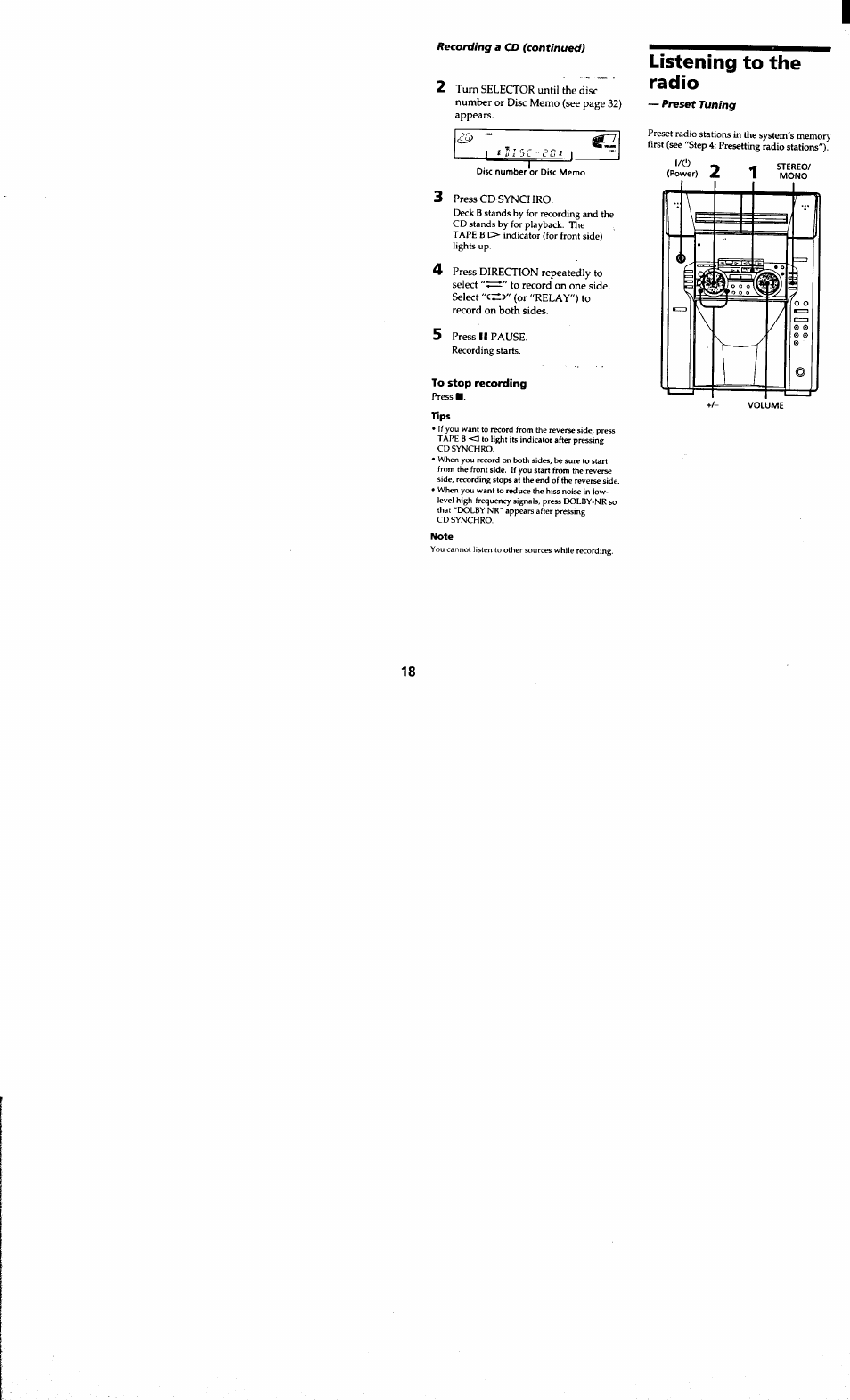 Listening to the radio, To stop recording, Tips | Note | Sony MHC-MC1 User Manual | Page 18 / 56