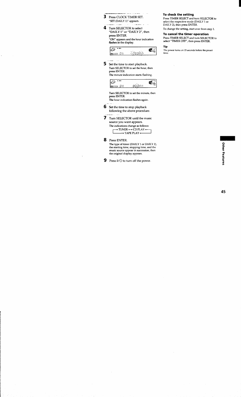3 press clock timer set, Press enter, 9 press l/cl) to turn off the power | To check the setting, To cancel the timer operation | Sony MHC-MC1 User Manual | Page 45 / 56