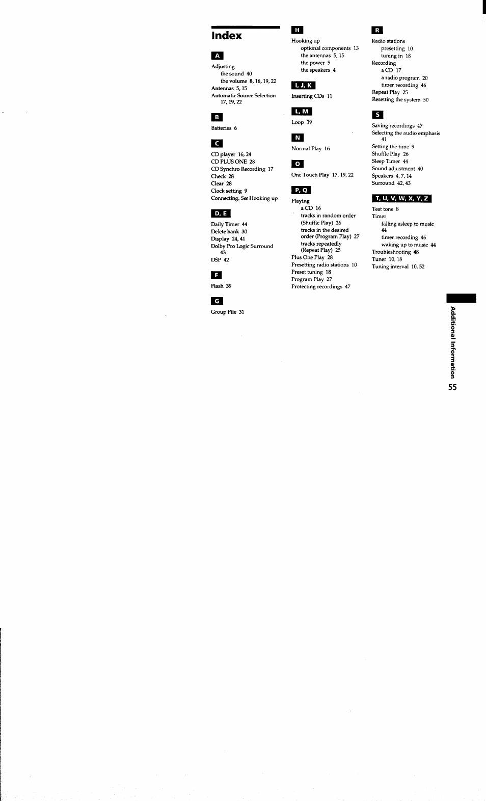 Index, T, u, v, w, x, y, z | Sony MHC-MC1 User Manual | Page 55 / 56
