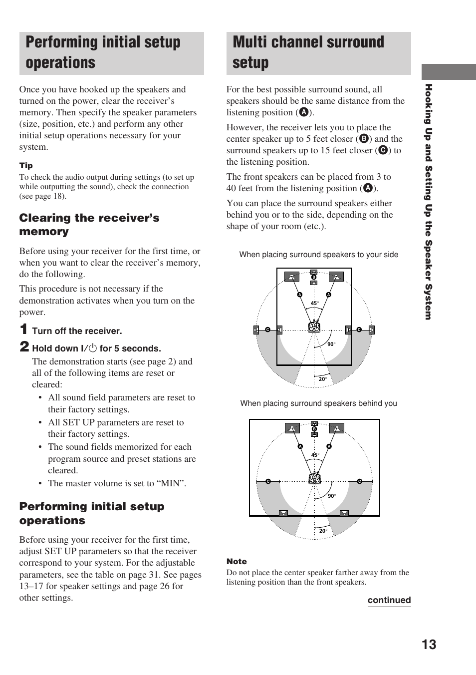 Performing initial setup operations, Multi channel surround setup | Sony STR-SL7 User Manual | Page 13 / 36