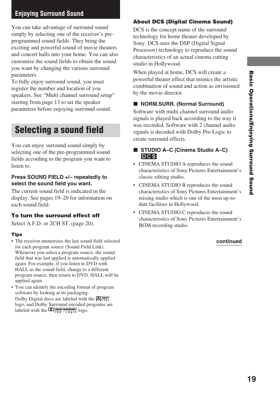 Enjoying surround sound, Selecting a sound field | Sony STR-SL7 User Manual | Page 19 / 36