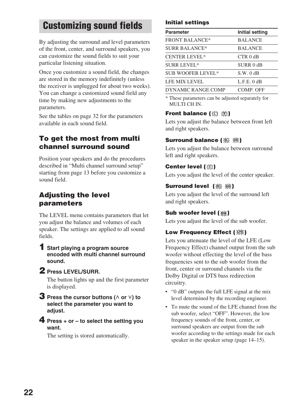 Customizing sound fields, Adjusting the level parameters | Sony STR-SL7 User Manual | Page 22 / 36