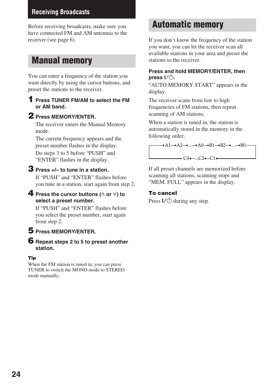 Receiving broadcasts, Manual memory, Automatic memory | Sony STR-SL7 User Manual | Page 24 / 36