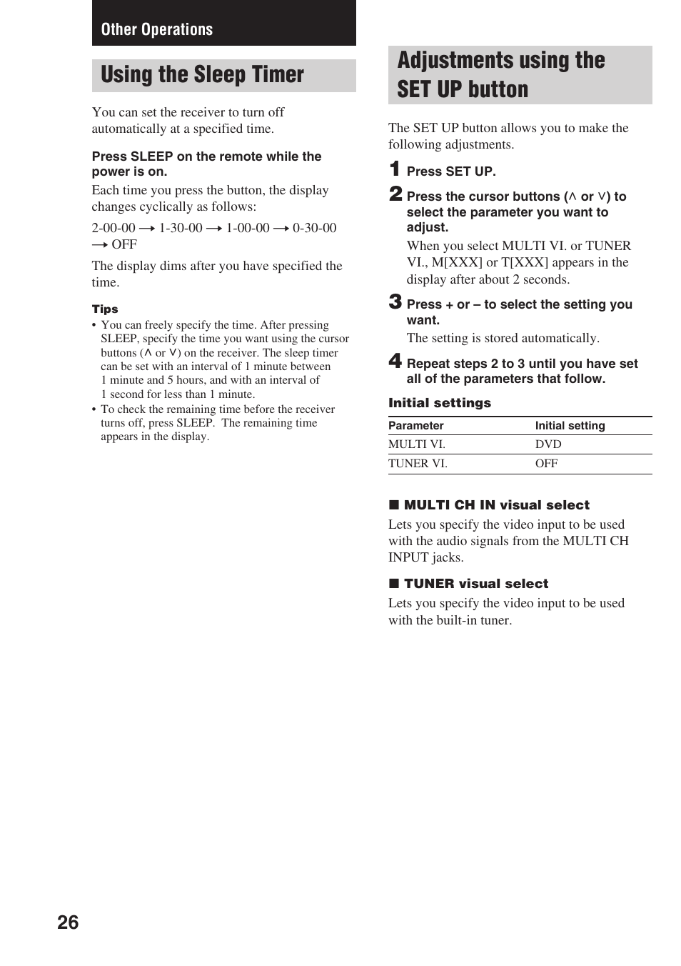 Other operations, Using the sleep timer, Adjustments using the set up button | Sony STR-SL7 User Manual | Page 26 / 36