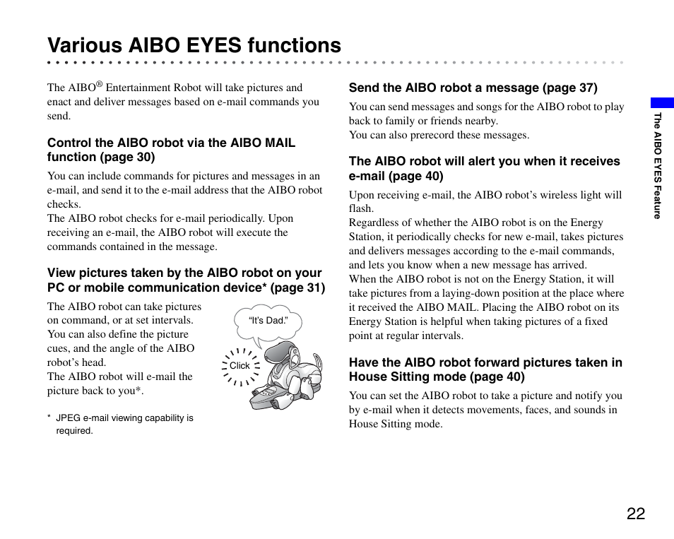 Various aibo eyes functions | Sony ERS-7M3 User Manual | Page 22 / 63