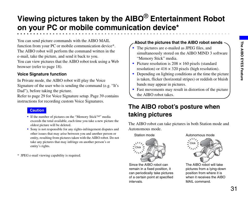 The aibo robot’s posture when taking pictures, Viewing pictures taken by the aibo, Entertainment robot | On your pc or mobile communication device, The aibo robot’s posture when taking pictures . 31 | Sony ERS-7M3 User Manual | Page 31 / 63