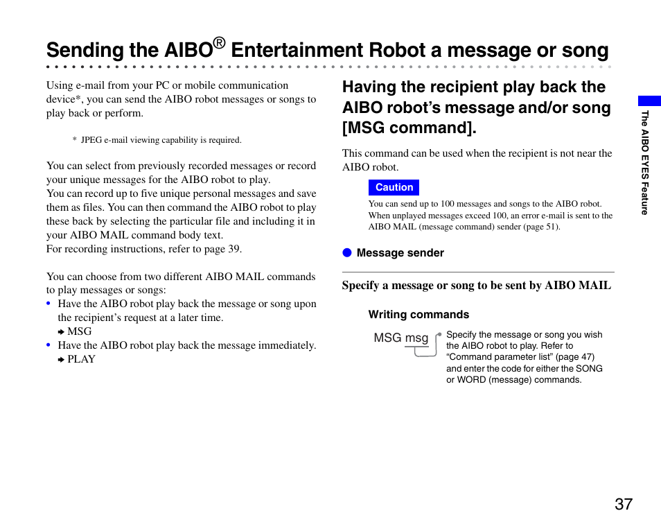 Sending the aibo, Entertainment robot a message, Or song | Entertainment robot a message or song | Sony ERS-7M3 User Manual | Page 37 / 63
